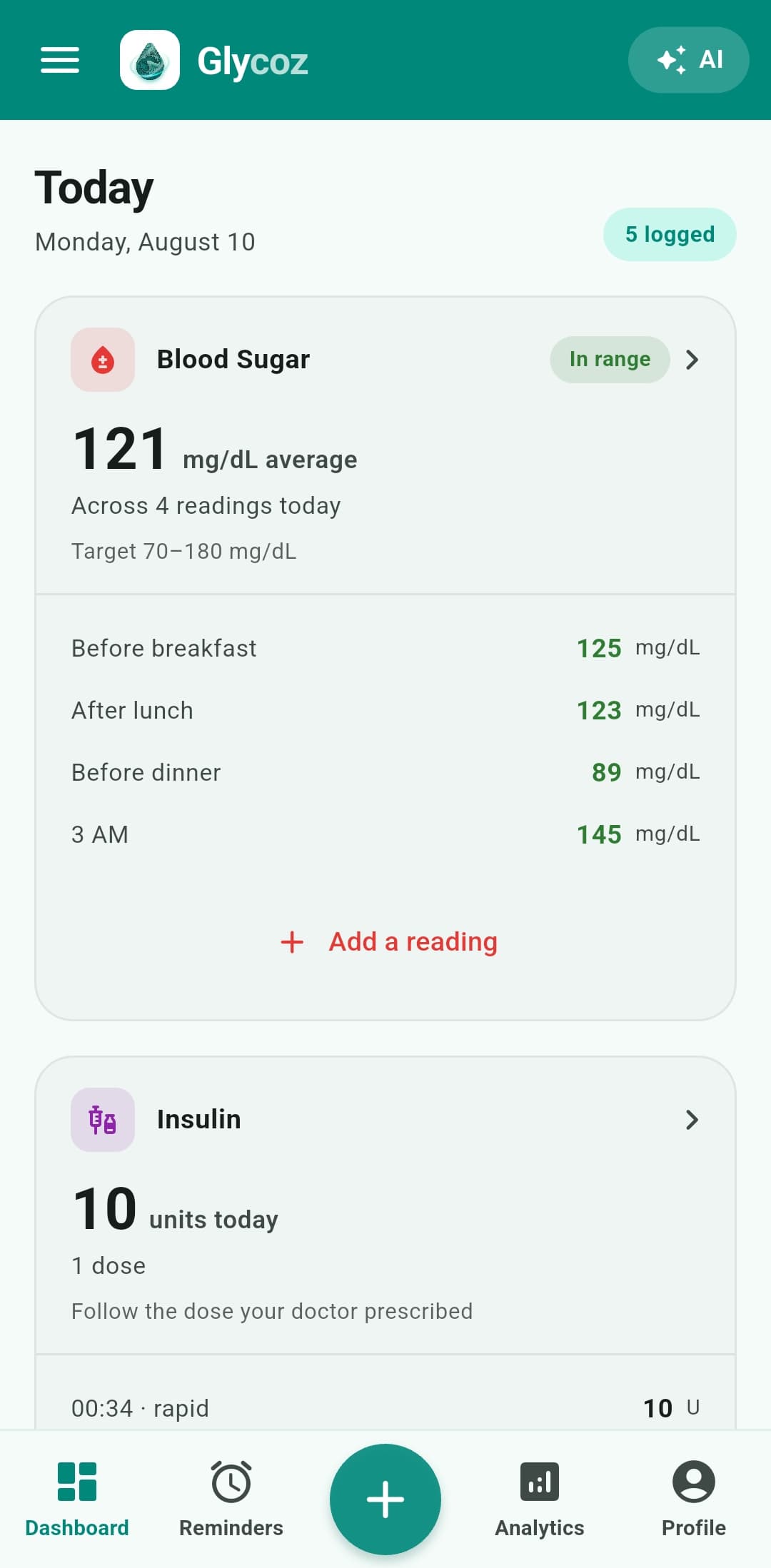 Glycoz app dashboard showing today's blood sugar readings