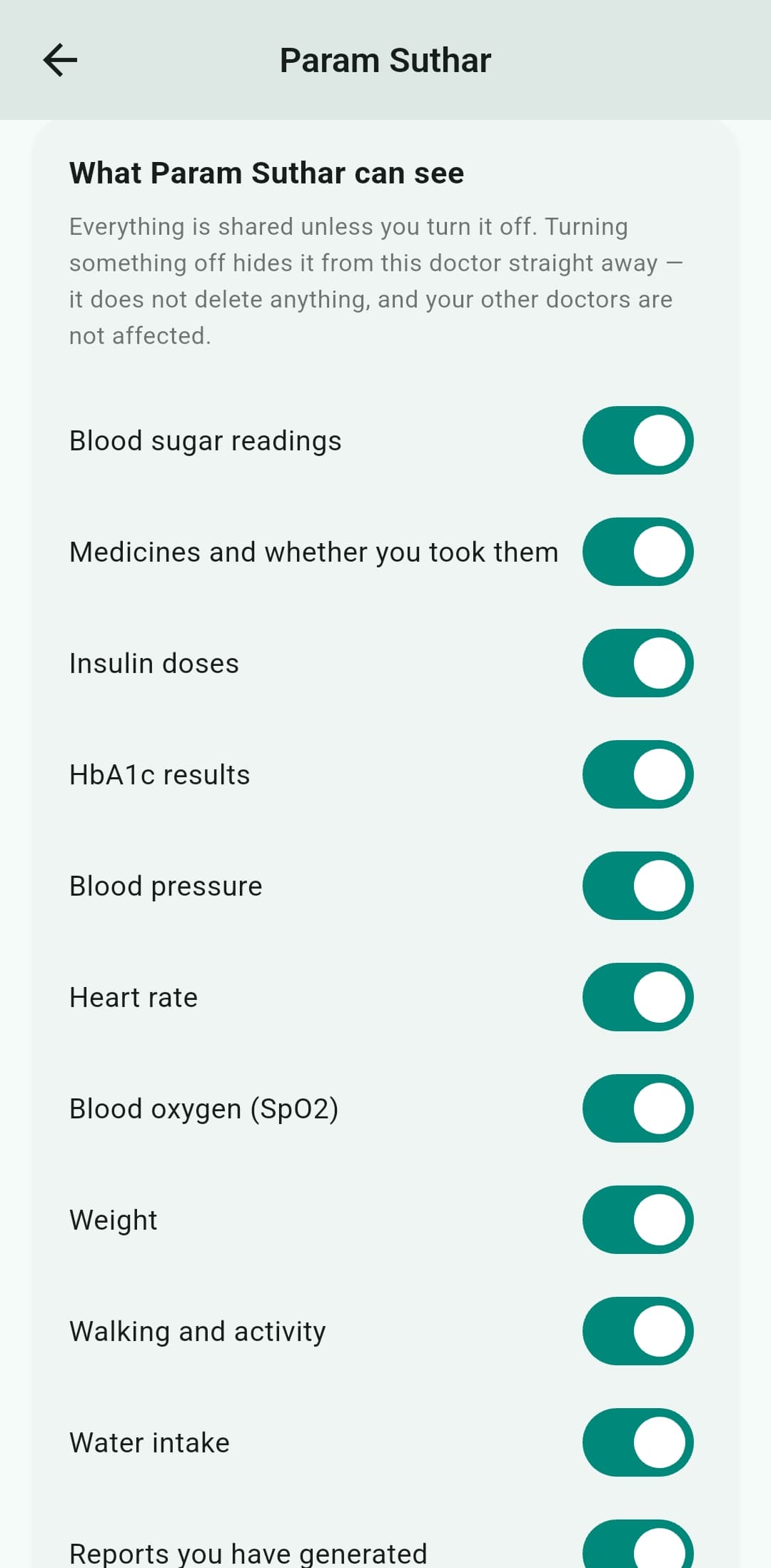 Sharing toggles for what the doctor can see
