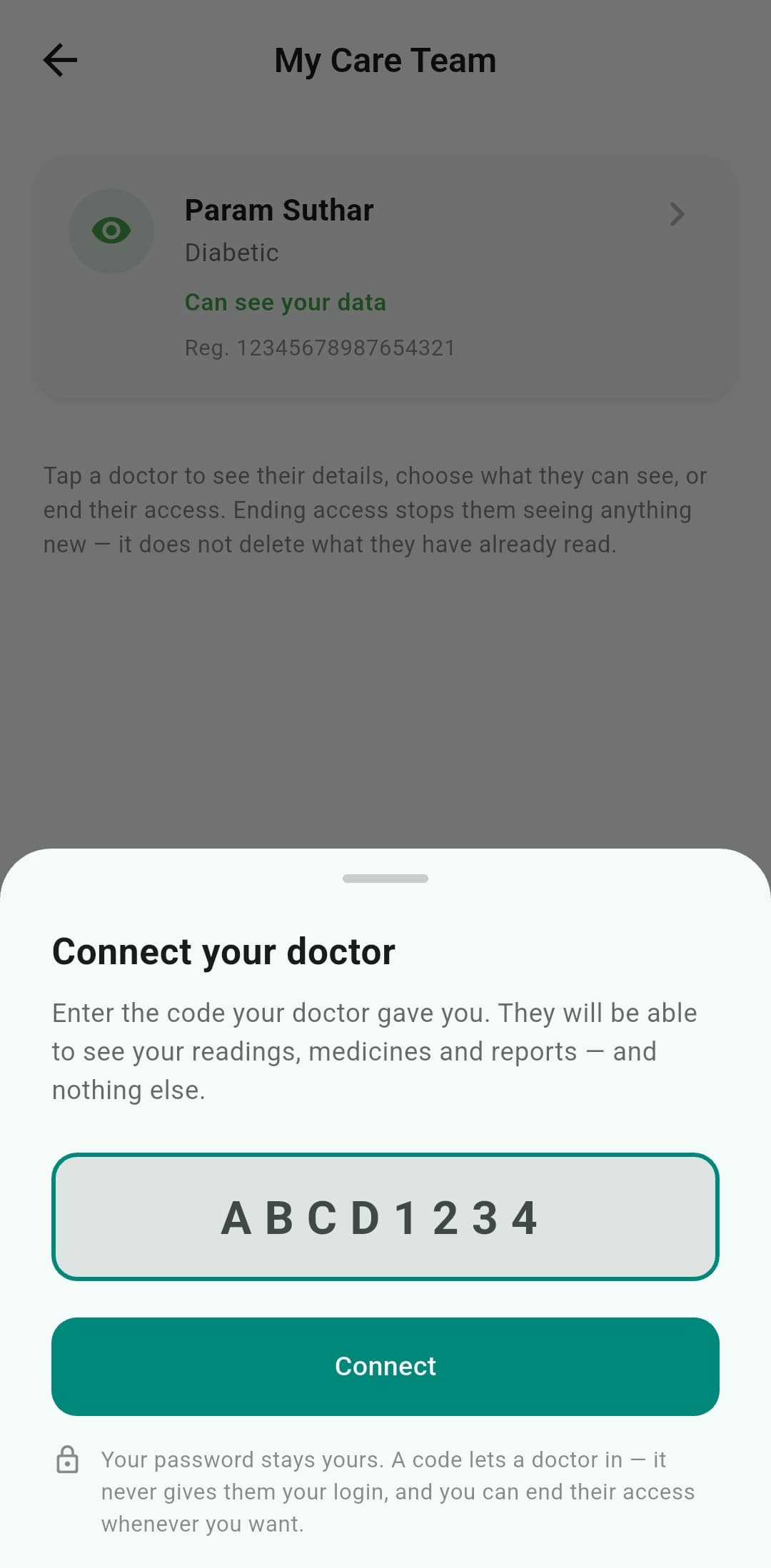 Connect your doctor sheet with invite code entry