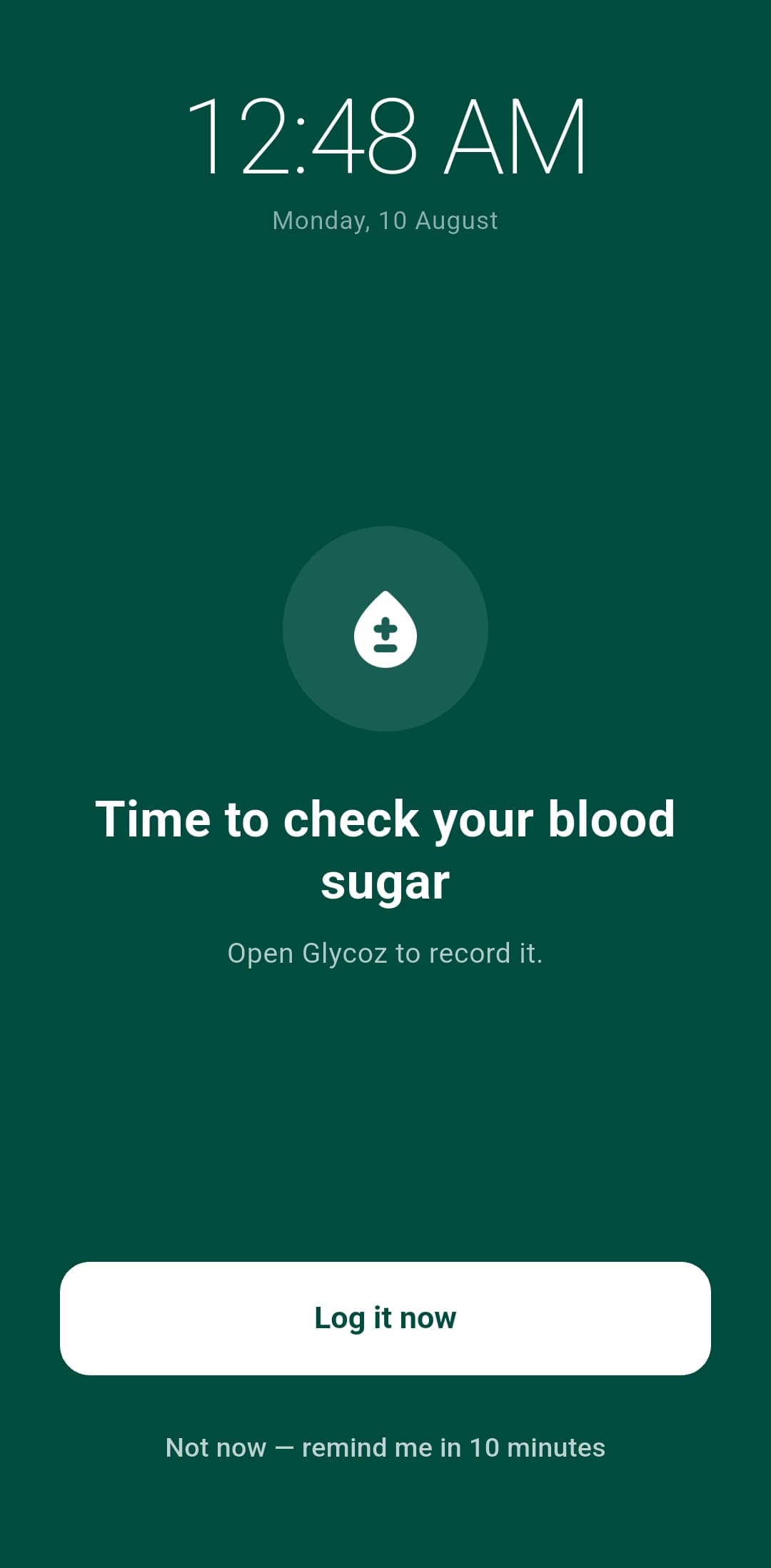 Full-screen Glycoz reminder to check blood sugar