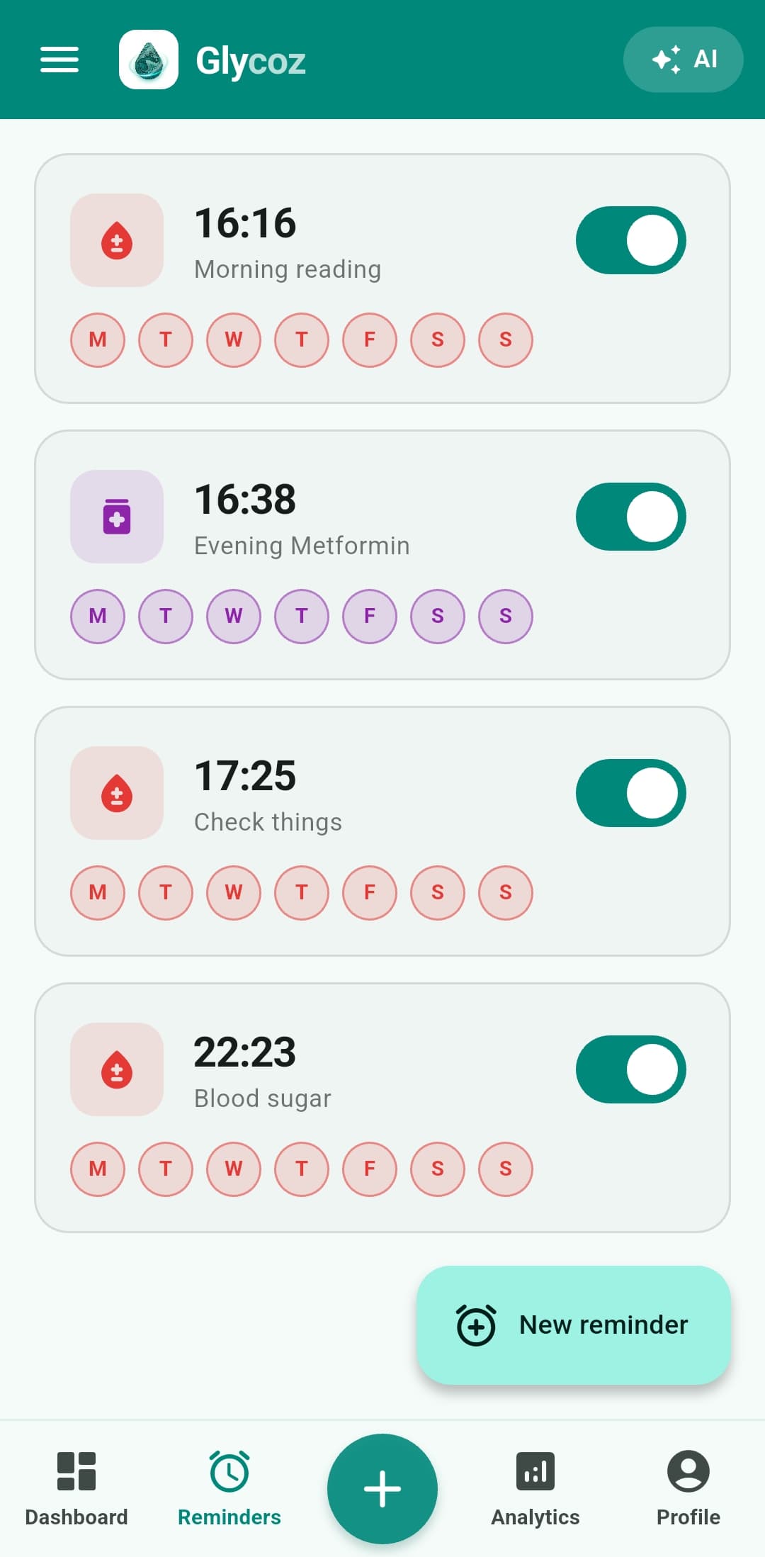 Glycoz reminders list with blood sugar and medicine schedules